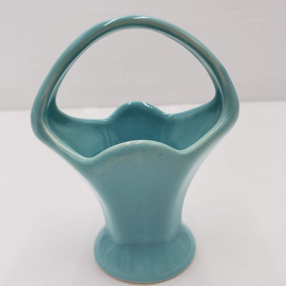 Camark Pottery Small Aqua Blue Basket 4 1/4"H Made U.S.A. Vintage 1940s